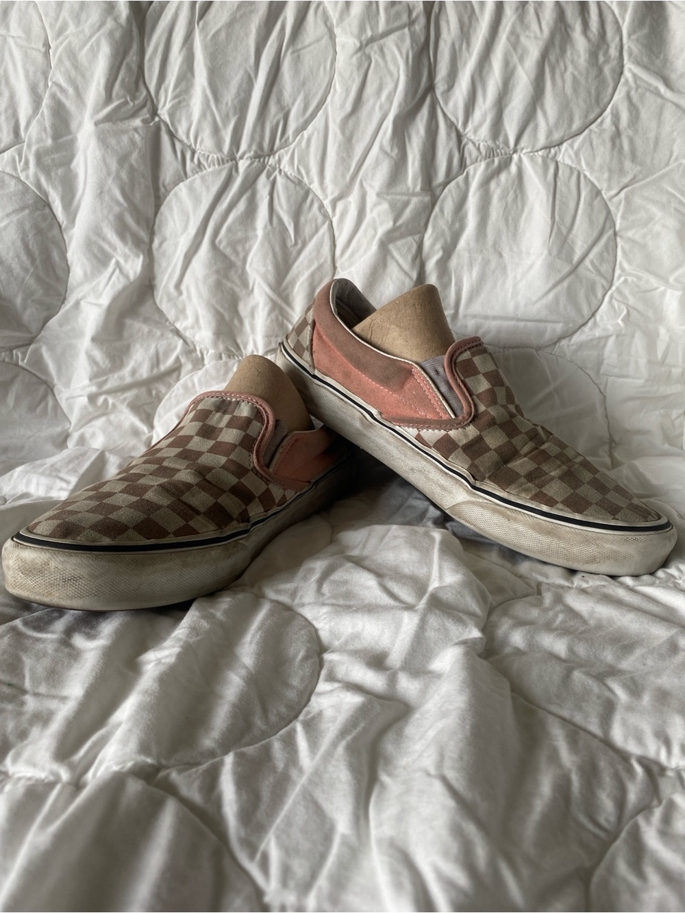Vans Slip-On Sneakers Well Worn in Pink and Tan Checkerboard